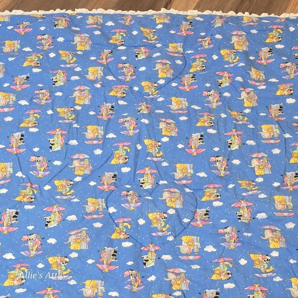 Noahs Ark Baby Quilt Blue Vintage Blanket Animals‎ Cotton Nursery Decor 50x38
